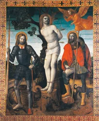 Św. Sebastian, św. Rocco i św. Giorgio, rewers chorągwi procesyjnej Orzinuovi, autorstwa Vincenzo Foppy (ok. 1427 - ok. 1515), obraz na płótnie.