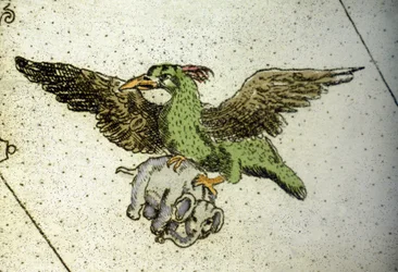Olbrzymi ptak Rok niosący słonia między szklarniami, aby przekazać go młodym, szczegółową mapę świata autorstwa Vincenzo coronelli (1650-1718). XVII wiek