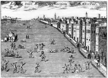Wenecja, Włochy. Luguna w kierunku lodu Murano w 1708 roku w „Singularity of Venice” Vincenzo Coronelli (1650-1718).