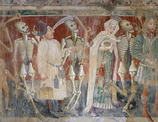 Niedaleko Pazina, królowa i kupiec w towarzystwie Śmierci, Taniec Śmierci (1474), detal, fresk w kościele cmentarnym kościoła Najświętszej Marii Panny na Skale, autorstwa Vincenzo da Castua, Beram, Istria, Chorwacja