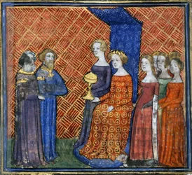 Król Salomon otrzymuje królową Saby z historii biblijnej Guiart des Moulins, 1400-1415