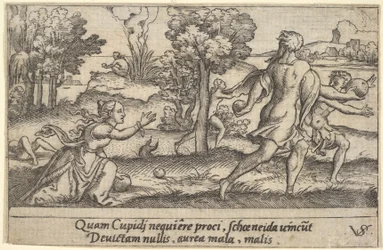 Atalanta i Hippomenes, na pierwszym planie Atalanta klęcząca, by podnieść jabłko i..., ok. godz. 1535-62.