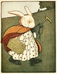 Potem stara Pani Królik .poszła przez las do piekarni, z Opowieść o Piotrusiu Króliku, pub. 1916 (kolor lito)
