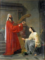 David i Micol King David grający na harfie. Obraz Virginio Grana (ok. 1830-1888) XIX w. Niedz. 243x182 cm Geny, Accademia Ligustica di Belle Arti, nr inw. 468