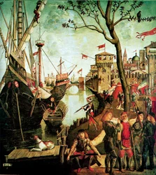 Przybycie św. Urszuli do Kolonii podczas oblężenia Hunów Legenda o św. Urszuli, 1490