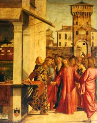 Pyhän Matteuksen Kristuksen kutsumus, kirjoittanut Vittore Carpaccio (noin 1465-1525 tai 1526). San Giorgio degli Schiavonin koulu, Venetsia.puola