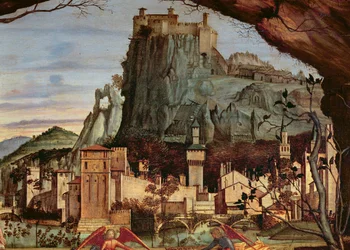 Sacra conversazione, fragment miasta i zamku w tle panelowy fragment 84002