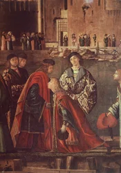 Opowieści o św. Urszuli, Spotkanie Eteriusza i Urszuli oraz Wyjazd pielgrzymów, Ereo żegnający się z ojcem, autorstwa Vittore Carpaccio (ok. 1465-ok. 1526), tempera na płótnie, 280x611 cm