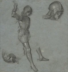 Studia siedzącego młodzieńca w zbroi, ca. 1505.
