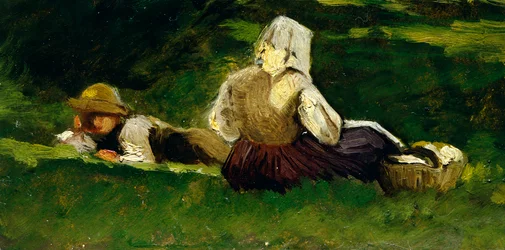 Siedząca kobieta i chłopiec leżący na trawie, autorstwa Vittorio Avondo (1836-1910).