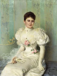 Portret damy siedzącej długości 3/4, ubranej w białą sukienkę