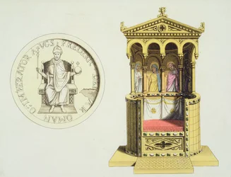 Moneta i tron Fryderyka Barbarossy (ok.1123-90) z „Le Costume Ancien et Moderne”, autorstwa Julesa Ferrario, wydana ok. 1820-30 (kolor lito)