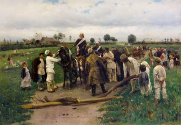 Zapłata okupu za pannę młodą. Obraz Władimira Makowskiego - Płacenie okupu za pannę młodą - Władimira Jegorowicza Makowskiego (1846-1920). olej na płótnie