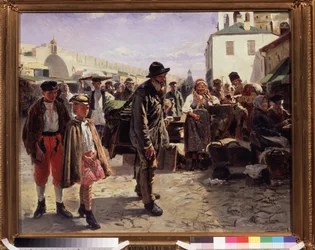 Organy baryłkowe (The Organ Grinder). Podróżujący muzyk trzyma instrument na plecach, towarzyszy mu dwójka bardzo eleganckich dzieci, przybywają na rynek miasta, gdzie patrzą na nich kupcy. Obraz Władimira Jegorowicza