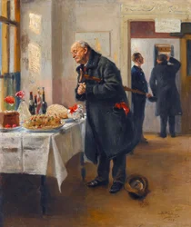 ""Gastronom"" (Gastronomer) Mężczyzna zaciera ręce przed dobrym bufetem - Obraz Władimira Makowskiego (Makowskiego) (1846-1920)