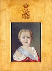Rosyjski Aleksander I (Aleksander Pawłowicz Romanow) - Portret Aleksandra I jako dziecka autorstwa Hau (Gau), Władimira (Waldemara) Iwanowicza (1816-1895), - Gwasz na papierze, 26x20 - Kolekcja prywatna