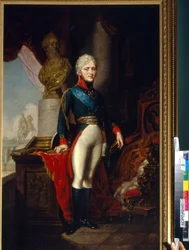 Portret cesarza Aleksandra I Rosji (1777-1825). Obraz Władimira Lukicha Borowikowskiego (lub Borowikowskiego) (1757-1825), olej na płótnie, około 1800 r. Sztuka rosyjska XVIII wieku. Państwowe Muzeum Wojny i Historii Borodino, Moskwa.