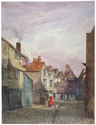 Widok kobiety i dziecka idących po sądzie koronnym, Bermondsey, Londyn, c1825