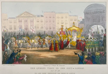 Widok na Temple Bar podczas wizyty królowej Wiktorii w londyńskim City w 1837 r.