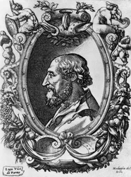 Portret Ludovico Ariosto (1474-1533), włoskiego poety i dramatopisarza, Medaglie del Doni, rycina Enea Vico (1523-1567)