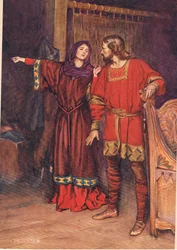 Gertruda ujawnia, że Hamlet zabił Poloniusza, z „Hamleta” Williama Shakespeare