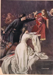 Hamlet zmusza króla do wypicia trucizny, z „Hamleta” Williama Shakespeare