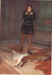 Hamlet knuje, jak zawzięcie będzie rozmawiał z matką, z „Hamleta” Williama Szekspira, wydanie opublikowane przez Hodder und Stoughton w 1915 r.