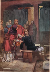 Królowa próbuje pocieszyć Hamleta, z „Hamleta” Williama Szekspira, wydanie wydane przez Hodder und Stoughton w 1915 r.