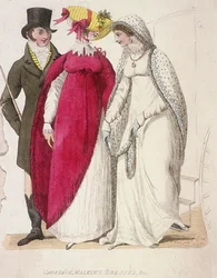 Dwie kobiety w strojach spacerowych w towarzystwie mężczyzny, ok. 1810 r