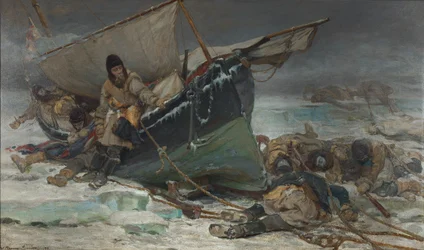 Sir John Franklin umierający przy swojej łodzi podczas wyprawy HMS "Erebus" i "Terror" przez Przejście Północno-Zachodnie.