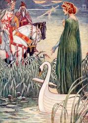 Król Artur prosi Panią Jeziora o miecz Excalibur (kolorowa litografia)