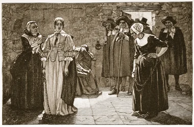 Czarodziejki, wydarzenie z czasów purytańskich, ilustracja z książki „Kościół anglikański: historia ludu” autorstwa H.D.M. Spence-Jones, wyd. ok. 1910 (lito) (zdjęcie w sepii)