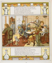 Rodzina z poczęstunkiem w bufecie. Kolorowa ilustracja z „Zagranica”.