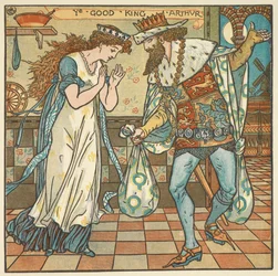 Kolorowa ilustracja do „Króla Artura”. Król Artur i jego Królowa z workiem składników do zrobienia puddingu śliwkowego.