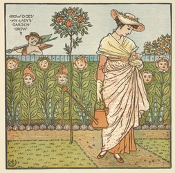 Kolorowa ilustracja do „ogrodu mojej pani”. Młoda kobieta stojąca z konewką w ogrodzie.