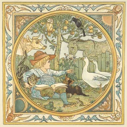 Kolorowa ilustracja „własnego ezopa dziecka”. Dziecko w ogrodzie otoczonym zwierzętami.