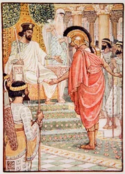 Stał w milczeniu przed królem, ilustracja z „Historii Grecji” Mary Macgregor, wydanie I, 1913 (druk kolorowy)