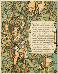 Jack schodzący po Beanstalk z pubu Jack and the Beanstalk. 1875 kolorowa litografia, 1875.