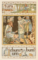 Rymowanie wyrazów kończących się na literę N. Ilustracja przedstawiająca prawdopodobnie król Alfred i płonące ciasta. Złoty podkład.