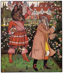 Ojciec pięknej zbiera róże w ogrodzie buraka. Ilustracja Waltera Crane