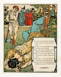 Olbrzym łamie sobie kark”, z książki Obrazkowa Niebieska Broda, wyd. 1879 kolorowa litografia, 1879.
