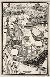 Kiedy nadszedł wieczór, wsiedli do swojej łodzi i ozdobili ją kwiatami od dziobu do rufy, ilustracja z "Mrs Burton Harrison