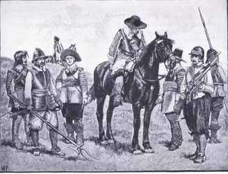 Rodzaje cromwellowskiej żołnierstwa, ilustracja z Historii narodu brytyjskiego wydanej przez Waverley, ok.1940 (lito)