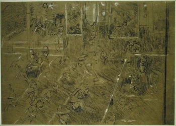 Studium dla publiczności do „The Old Middlesex” c.1906-07 (brązowo-biała kredka, długopis i czarny tusz na brązowym papierze)