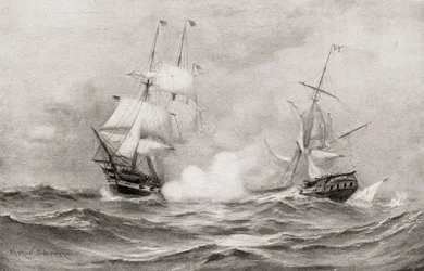 Walka pomiędzy USS Constitution i HMS Guerriere, podczas wojny 1812 roku, około 400 mil na południowy wschód od Halifax, Nowa Szkocja, z The History of Our Country, opublikowanej w 1905 roku.
