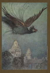 Tablica 10: „Potworny ptak najwyraźniej wychodzi z pałacu”, z Folk-Tales of Bengal ... Z 32 kolorowymi ilustracjami Warwicka Goble (Edition de luxe.) 1914 (kolor lito)