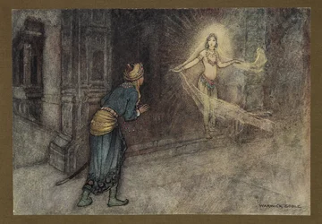 Tablica 13: "Widział piękną kobietę wychodzącą z pałacu", z Folk-Tales of Bengal ... Z 32 kolorowymi ilustracjami Warwicka Goble (Edition de luxe.) 1914 (kolor lito)