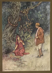 Tablica 14: „Mężu, weź całą tę dużą ilość złota i tych drogocennych kamieni”, z Folk-Tales of Bengal ... Z 32 kolorowymi ilustracjami Warwicka Goble (Edition de luxe)