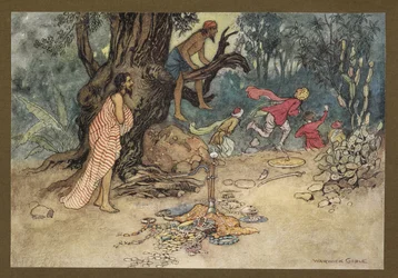 Tablica 15: „Uciekli w wielkim strachu, zostawiając pieniądze i klejnoty, z „Folk-Tales of Bengal… Z 32 kolorowymi ilustracjami Warwicka Goble (Edition de luxe)