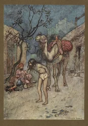 Tablica 16: „Poganiacz wielbłądów wysiadł, przywiązał wielbłąda do drzewa na miejscu i zaczął palić”.  Folk-Tales of Bengal ... Z 32 kolorowymi ilustracjami Warwicka Goble